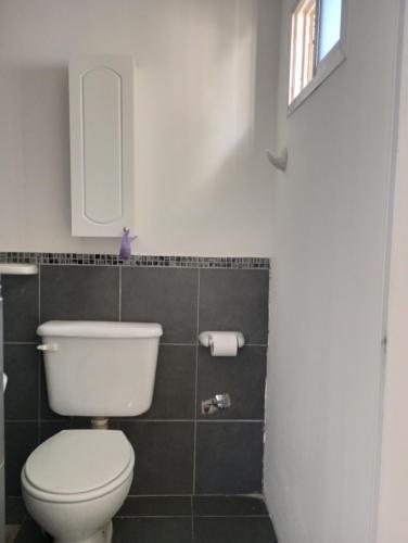 uma casa de banho com um WC branco e um espelho. em Pedro_Simón em Puerto Madryn