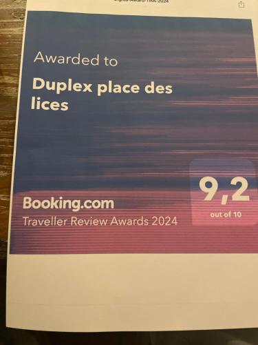Certifikát, ocenenie alebo iný dokument vystavený v ubytovaní Duplex place des lices