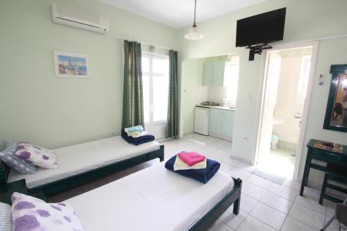 uma sala de estar com duas camas e uma televisão em Room in Apartment - Pelagos Studios by Frangi 3 em Agia Marina Aegina