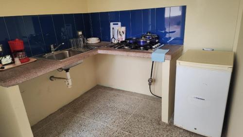 una pequeña cocina con fregadero y encimera en Doña Elena, en Punto Fijo