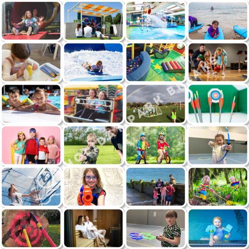 a collage of pictures of children playing in a water park at Sunset - A Relaxing Gold 3 bed holiday home at Seal Bay Resort in Chichester