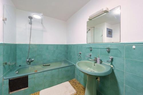 een badkamer met een wastafel, een spiegel en een bad bij Moroccan typical flat, Hivernage in Marrakesh