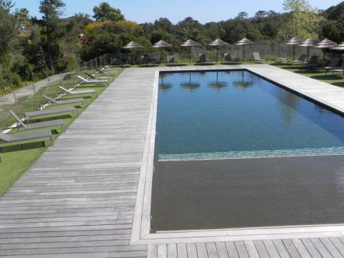 une grande piscine avec des chaises et une terrasse en bois dans l'établissement Studio 4 pers Piscine Chauffée accès à pied à la plage Santa Giulia, à Porto-Vecchio