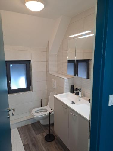une salle de bain avec des toilettes blanches et un lavabo dans l'établissement Appartement 3 pièces tout confort, Aux Portes de Colmar, à Andolsheim