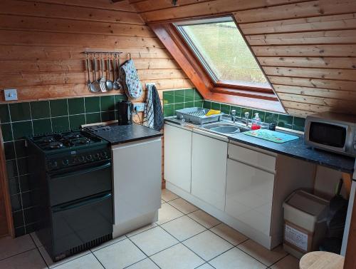 a small kitchen with a stove and a sink at The Loft in Llangunllo