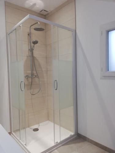 une douche avec une cabine en verre dans une salle de bain dans l'établissement Maison au cœur de la foret, à La Fontaine-Saint-Martin