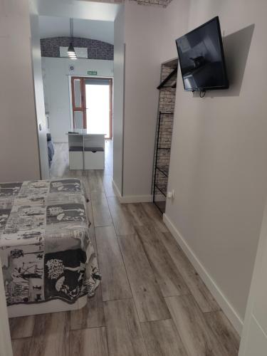 a bedroom with a bed and a flat screen tv at Apartamento turístico San Andrés in Badajoz