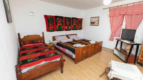 a bedroom with two beds and a tv in it at Etno Apartmani ''Vlaška kuća'' in Kladovo