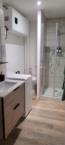 a bathroom with a white sink and a shower at Studio neuf avec balcon et parking privé in Rochefort