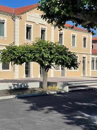 a tree in front of a large building at Le Préau de Baix in Baix