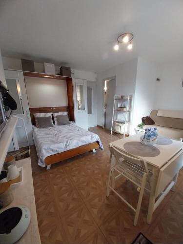 une chambre avec un lit et une table dedans dans l'établissement Studio La Bourboule, à La Bourboule