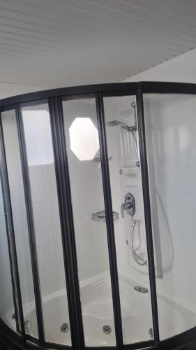 a shower in a bathroom with glass doors at VILLA KOHLER in Alanya