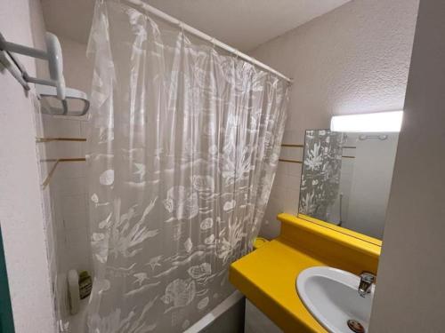 une salle de bain avec un lavabo et un rideau de douche dans l'établissement Appartement avec grand extérieur, à Saint-Lary-Soulan
