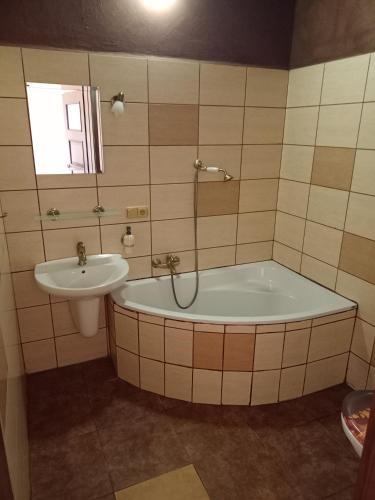 a bathroom with a tub and a sink at Penzion U strhaného klempíře in Ropice