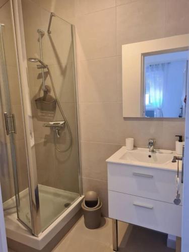 uma casa de banho com um chuveiro e um lavatório. em 2 pièces rez-de-chaussée Mandelieu em Mandelieu-la-Napoule