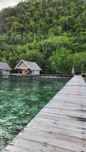 a wooden bridge over a body of water with trees at Terimakasih homestay in Pulau Mansuar