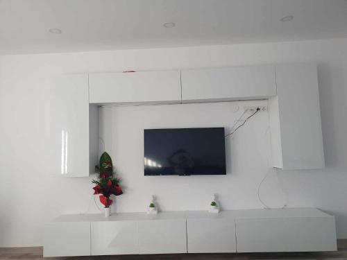 una sala de estar blanca con TV en una pared blanca en Nikolett Apartman, en Ciba