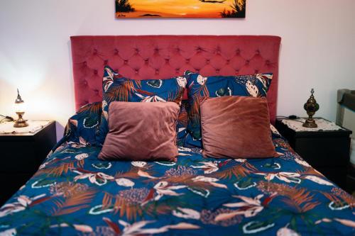 1 cama con edredón colorido y 2 almohadas en Charmante maison au calme, en Sainte-Maure