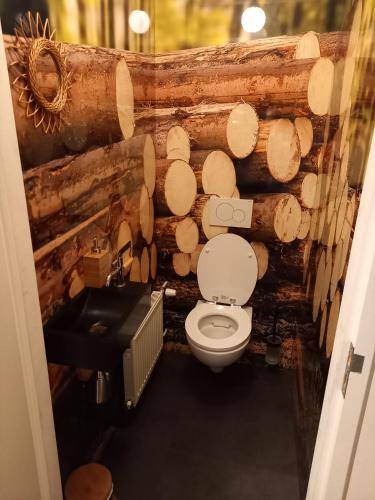 a bathroom with a toilet and a wall of logs at Camping de Ikeleane in Bakkeveen