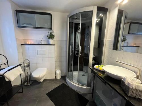 a bathroom with a sink and a shower and a toilet at Sunshine House in Olivone