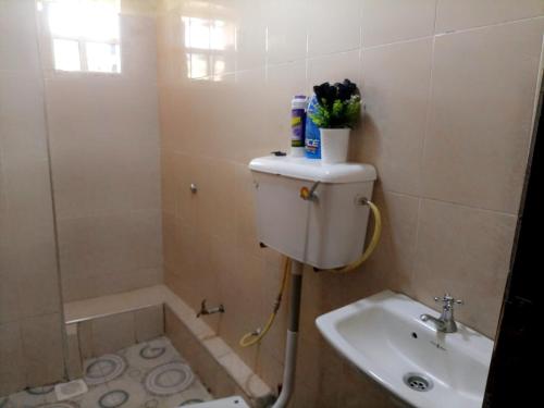 een badkamer met een toilet, een wastafel en een douche bij Cozy apartment kisii in Kisii