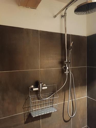 La salle de bains est pourvue d'une douche et d'un panier mural. dans l'établissement Charmante maison village QUERIGUT, à Quérigut