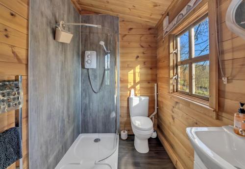 een badkamer met een toilet, een douche en een wastafel bij West Stow Pods in Bury St Edmunds in West Stow