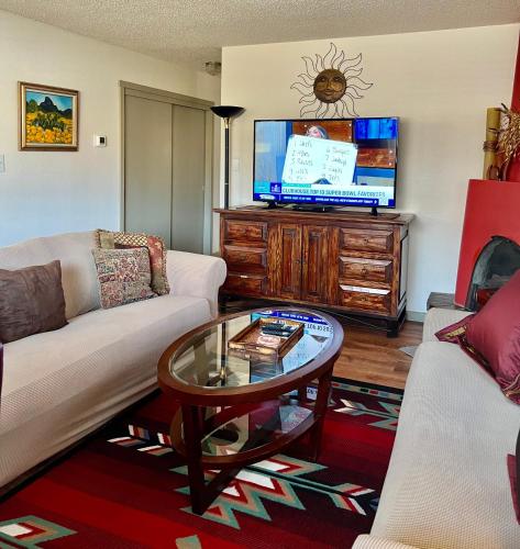 a living room with a couch and a tv at Downtown Historic East-Side Coyote House 2B 2BA in Santa Fe