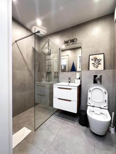 a bathroom with a toilet and a glass shower at SIENNA GROBLA 6D/101 APARTAMENTY ZRESETUJ SIE W GDAŃSKU in Gdańsk