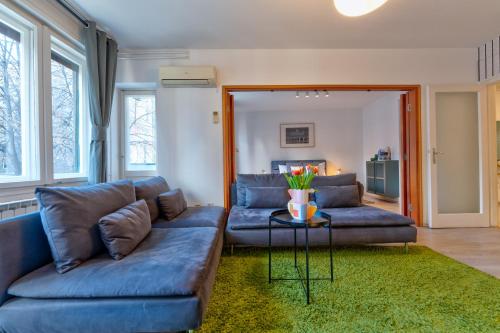 貝爾格勒的住宿－貝爾格萊德水波公寓，客厅配有2张蓝色的沙发和1张桌子