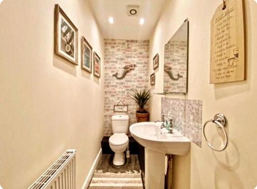 a bathroom with a white toilet and a sink at Entire, main door, pet friendly, home away from home, East Ayrshire in Newmilns