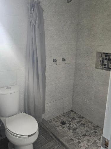 a bathroom with a toilet and a shower at Departamento madroño in Matamoros