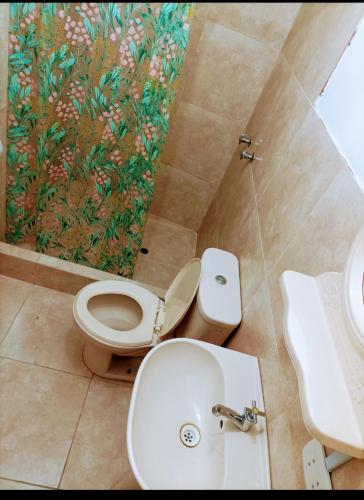 a bathroom with a toilet and a sink at Familiar 3 personas in Ica