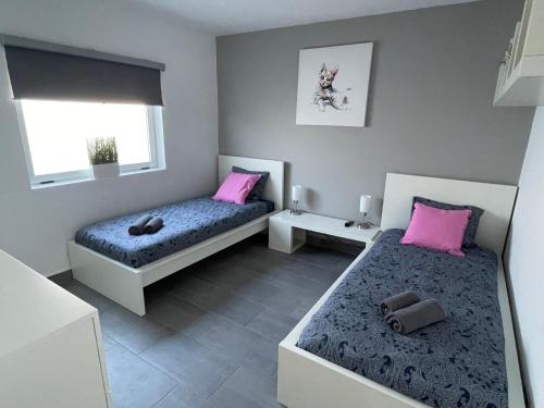 2 łóżka w pokoju w kolorze różowym i niebieskim w obiekcie Villa Grey w mieście Tahiche