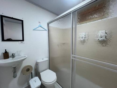 a bathroom with a shower and a toilet and a sink at JAZMIN HOUSEs JR in Providencia