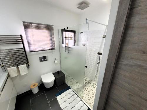 a bathroom with a toilet and a glass shower at Villa en bois à la campagne - 20 min de Rouen in Morgny-la-Pommeraye