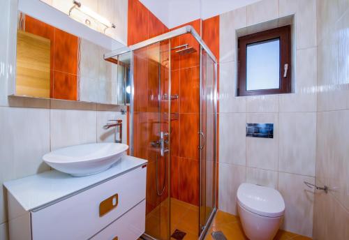 a bathroom with a sink and a shower and a toilet at Iliada by Vintage Travel in Maleme