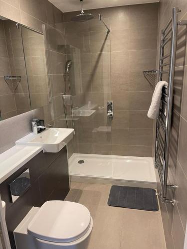 a bathroom with a shower and a toilet and a sink at Laurel Point in London