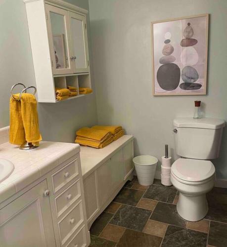 a bathroom with a white toilet and a sink at Sweet Beech St Retreat-Basement Apt in Portland