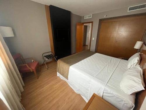 Hóspede-Ja Brasil21 في برازيليا: غرفة فندقية بسرير كبير وكرسي