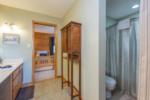 La salle de bains est pourvue de toilettes et d'un lavabo. dans l'établissement Sterling Retreat Pet Friendly, Hot Tub & Mountain Views!, à Black Mountain