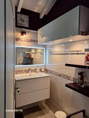 W łazience znajduje się umywalka i lustro. w obiekcie Villa Almeida à 500m de la plage w mieście Courcelles Sucrerie