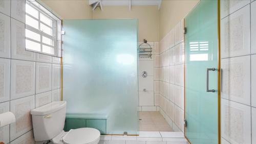 une salle de bain avec toilettes et douche dans l'établissement Your roomy comfortable place K4, à Morne Rouge