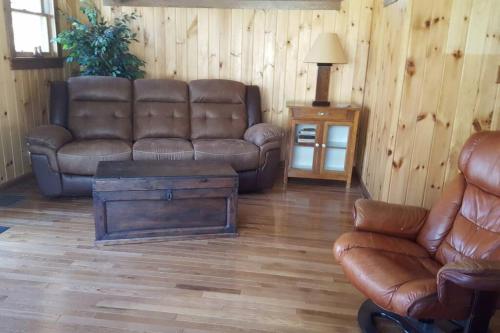 a living room with a couch and a table at Mohican area secluded 2 bedroom cabin in Loudonville