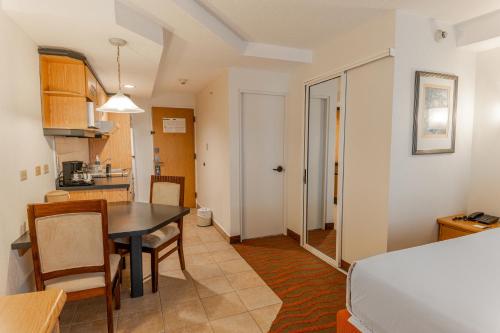 a kitchen and dining room with a table in a room at Irazú Hotel & Studios in San José