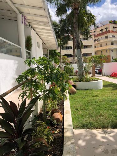a garden with palm trees and plants in front of a building at Garden Hotel in Cuevas