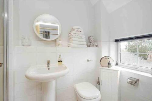 a bathroom with a sink and a toilet and a mirror at Stunning Racecourse Townhouse for Royal Ascot in Winkfield