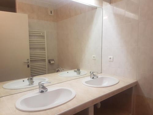 baño con 2 lavabos y espejo grande en Appartement Saint-Raphaël, 2 pièces, 5 personnes - FR-1-466A-6, en Saint-Raphaël