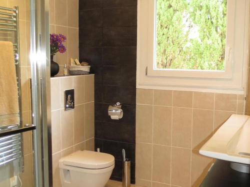 une salle de bain avec toilettes et fenêtre dans l'établissement Villa 5 pièces + appart, piscine privée, clim, proche plages - FR-1-780-16, à Sainte-Maxime