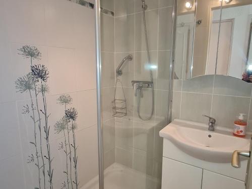 une salle de bain avec douche et lavabo dans l'établissement Appartement 2P avec balcon, piscine et parking proche centre de Sainte-Maxime - FR-1-780-40, à Sainte-Maxime